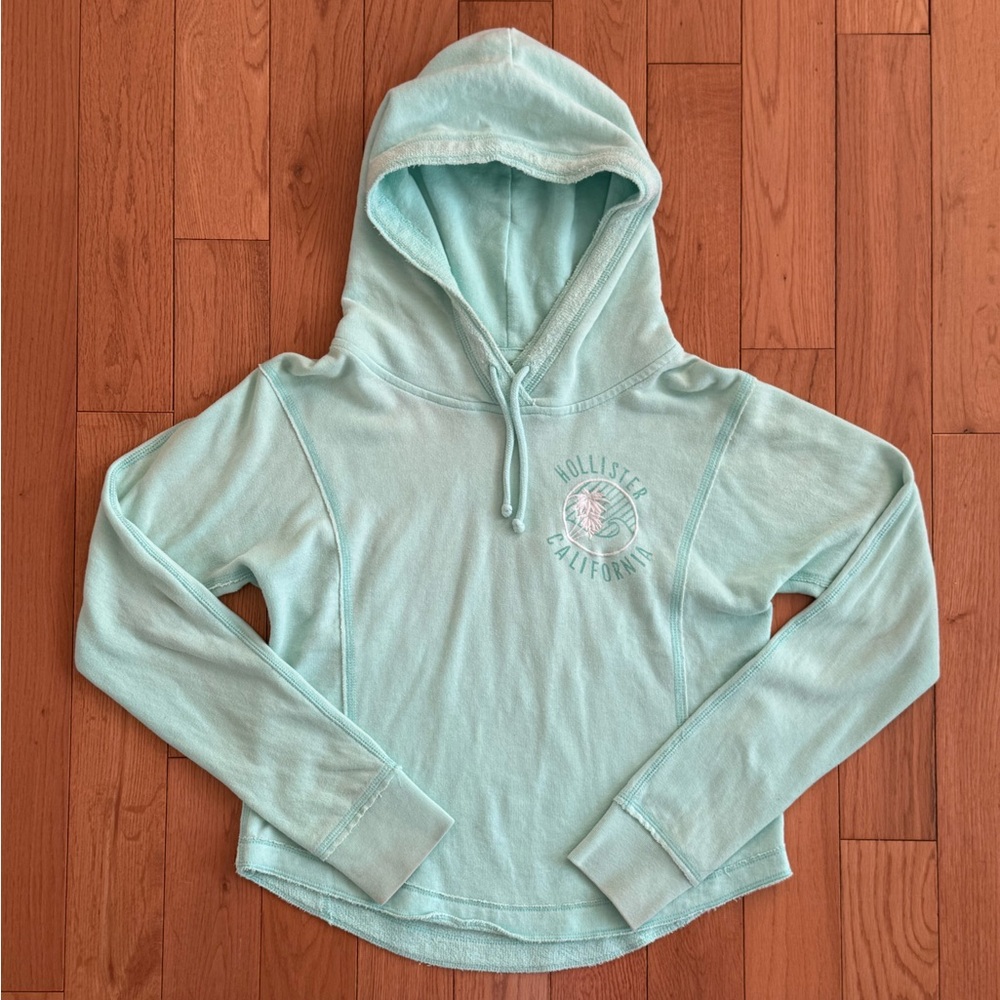 Y2k Hollister Light Mint Green Pullover Hoodie w Embroidered Palm Trees
